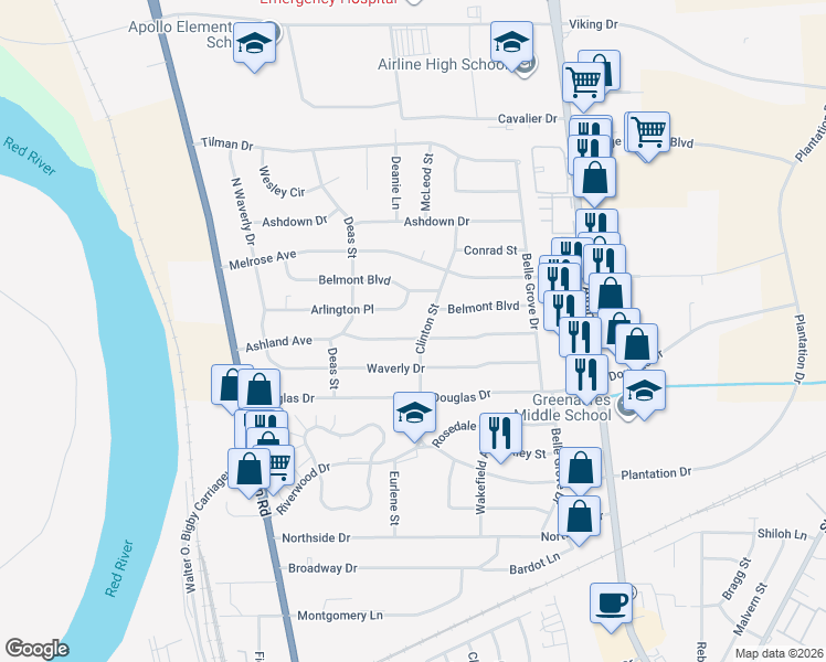 map of restaurants, bars, coffee shops, grocery stores, and more near 2405 Clinton Street in Bossier City