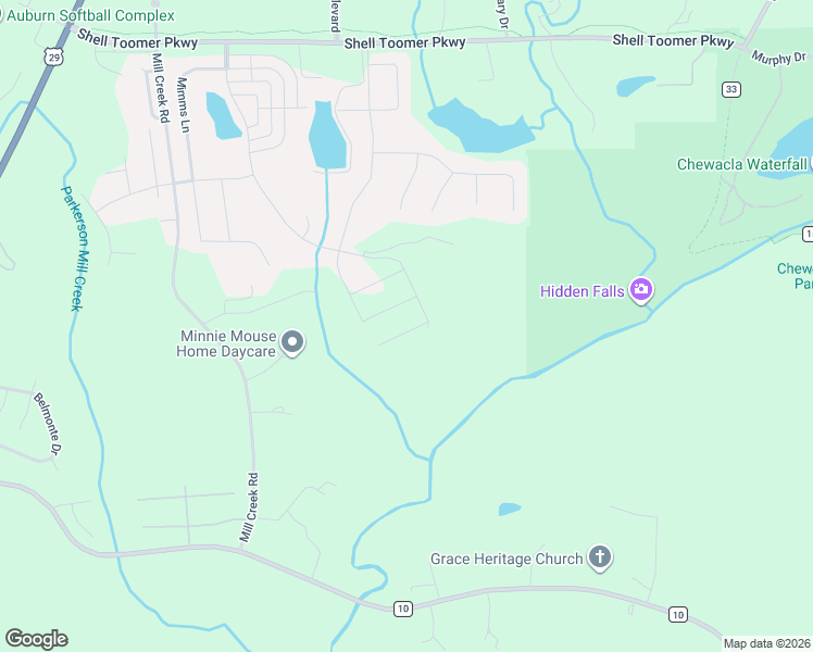 map of restaurants, bars, coffee shops, grocery stores, and more near Mimms Trail in Auburn