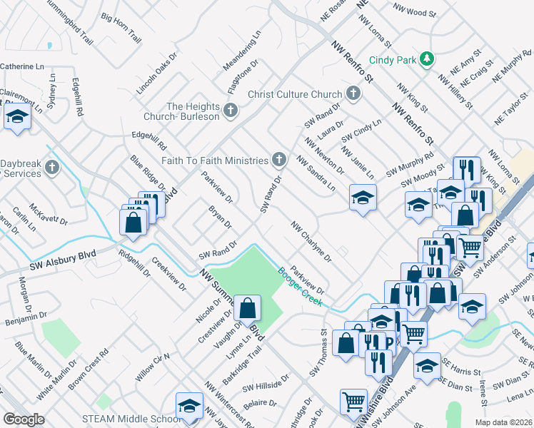 map of restaurants, bars, coffee shops, grocery stores, and more near 628 Northwest Charlyne Drive in Burleson