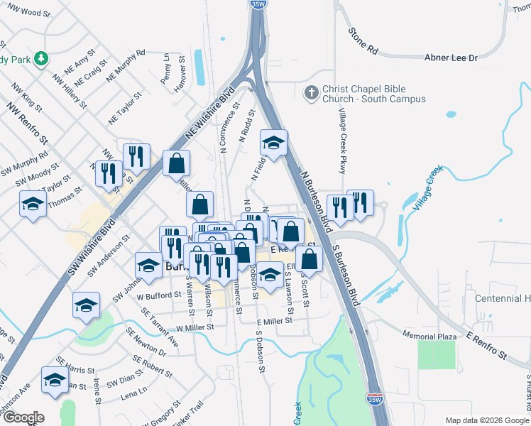 map of restaurants, bars, coffee shops, grocery stores, and more near 141 North Clark Street in Burleson