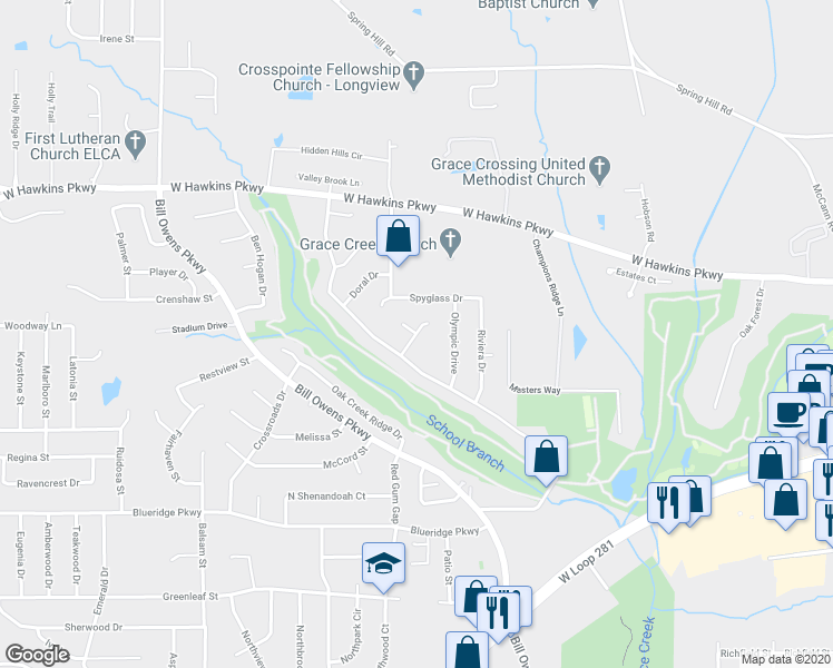 map of restaurants, bars, coffee shops, grocery stores, and more near 1502 Grand Cypress Drive in Longview