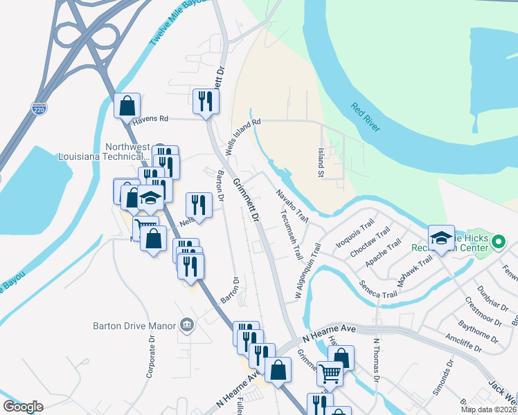 map of restaurants, bars, coffee shops, grocery stores, and more near 2100 Grimmett Drive in Shreveport