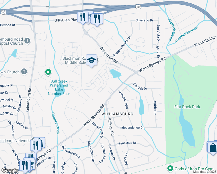 map of restaurants, bars, coffee shops, grocery stores, and more near 5727 Warm Springs Road in Columbus