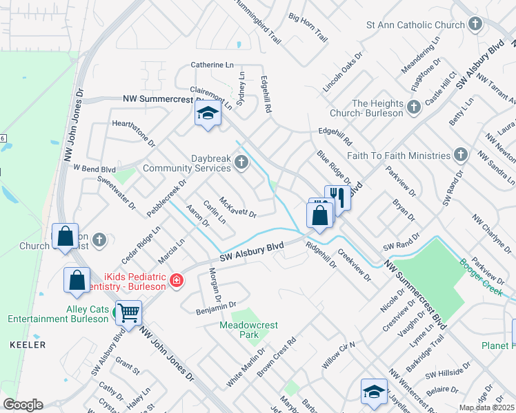 map of restaurants, bars, coffee shops, grocery stores, and more near 901 Rock Springs Drive in Burleson