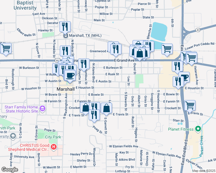 map of restaurants, bars, coffee shops, grocery stores, and more near 702A East Austin Street in Marshall