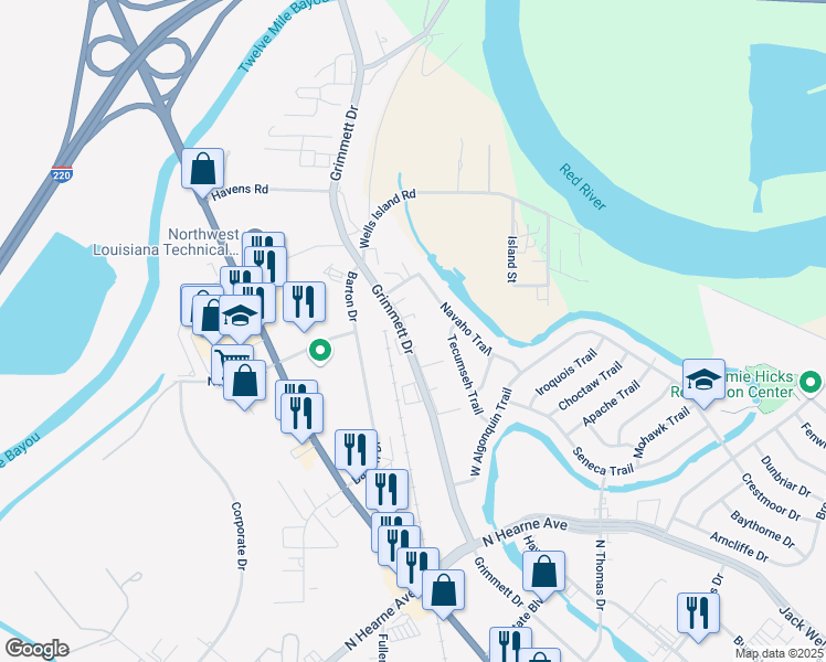 map of restaurants, bars, coffee shops, grocery stores, and more near 2000 Grimmett Drive in Shreveport