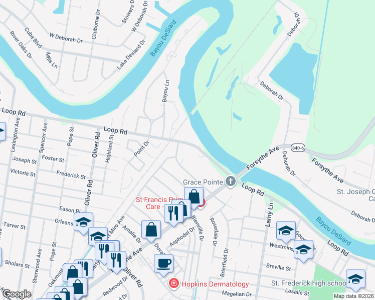 map of restaurants, bars, coffee shops, grocery stores, and more near 3402 Loop Rd in Monroe