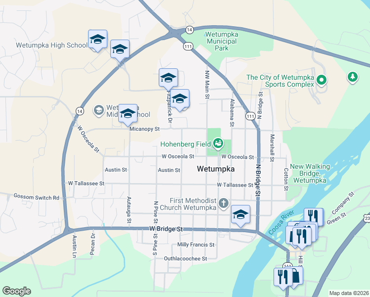 map of restaurants, bars, coffee shops, grocery stores, and more near 604 North Opotheola Street in Wetumpka