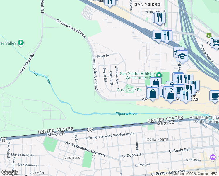 map of restaurants, bars, coffee shops, grocery stores, and more near 3241 Naylor Road in San Diego