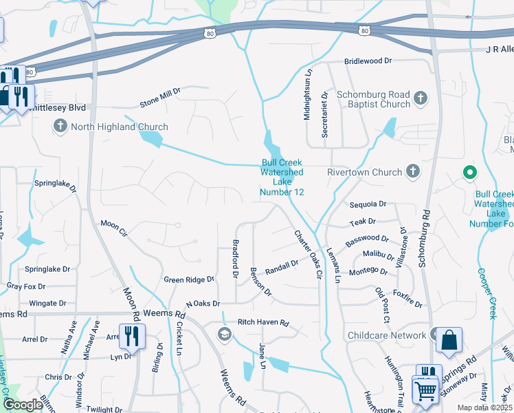 map of restaurants, bars, coffee shops, grocery stores, and more near 6823 Live Oaks Drive in Columbus