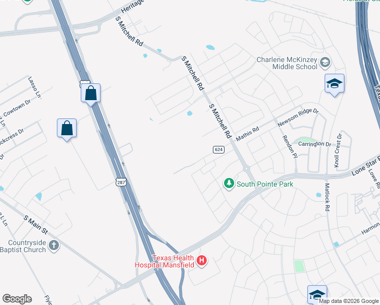 map of restaurants, bars, coffee shops, grocery stores, and more near 2511 Mathis Road in Mansfield