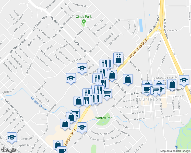 map of restaurants, bars, coffee shops, grocery stores, and more near 380 Northwest Tarrant Avenue in Burleson