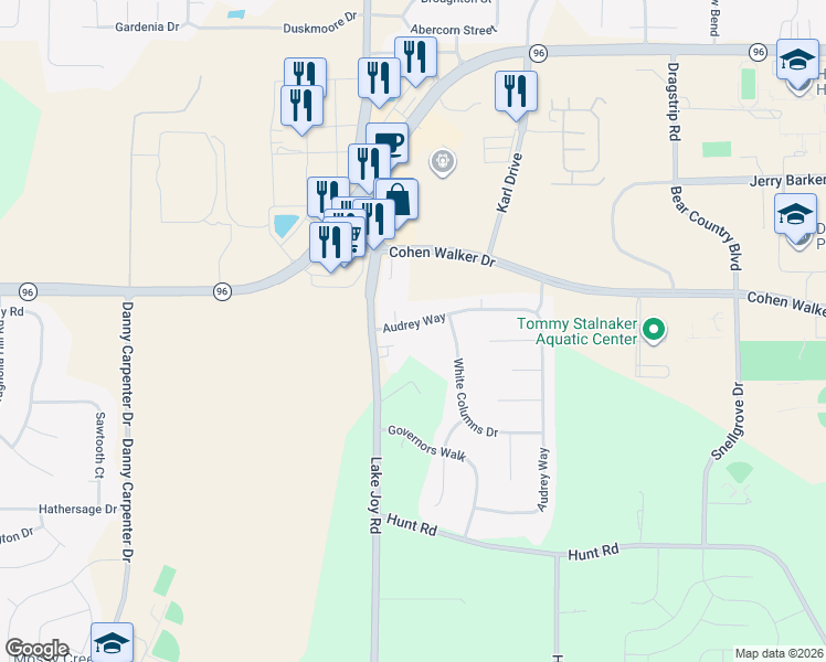 map of restaurants, bars, coffee shops, grocery stores, and more near 323 Audrey Way in Kathleen