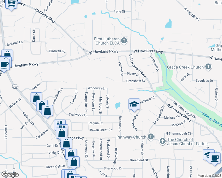 map of restaurants, bars, coffee shops, grocery stores, and more near 3024 Latonia Street in Longview