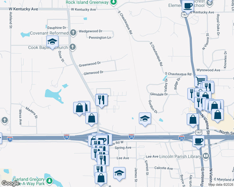 map of restaurants, bars, coffee shops, grocery stores, and more near 932 Sybil Drive in Ruston