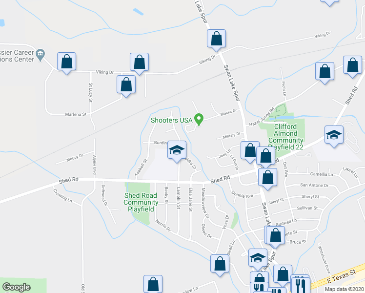 map of restaurants, bars, coffee shops, grocery stores, and more near 1426 Lampkin Street in Bossier City