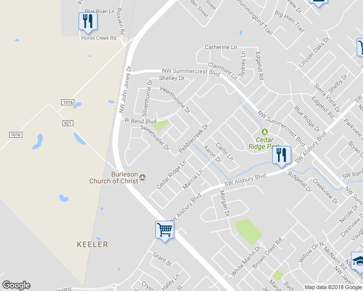 map of restaurants, bars, coffee shops, grocery stores, and more near 1000 Pebblecreek Drive in Burleson