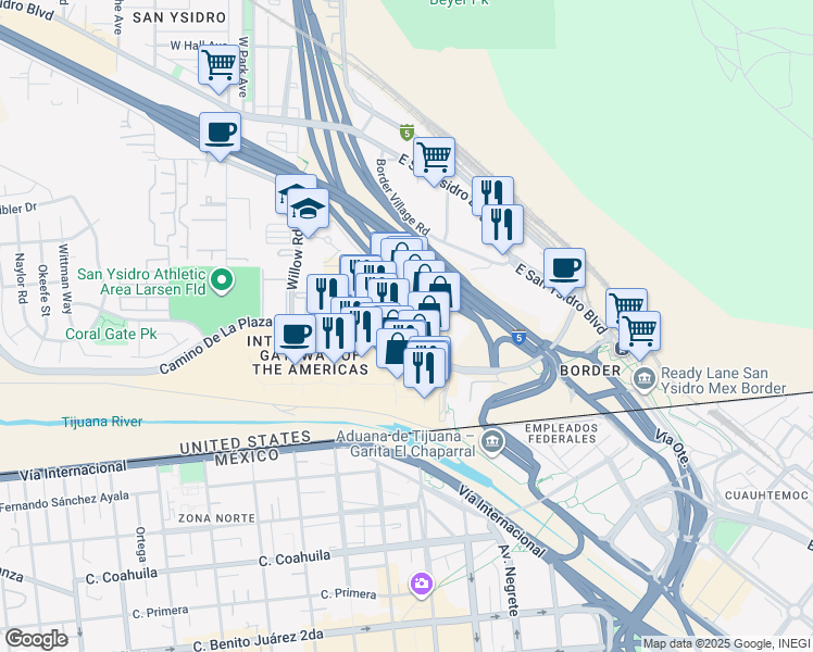 map of restaurants, bars, coffee shops, grocery stores, and more near 4472 Camino De La Plaza in San Diego