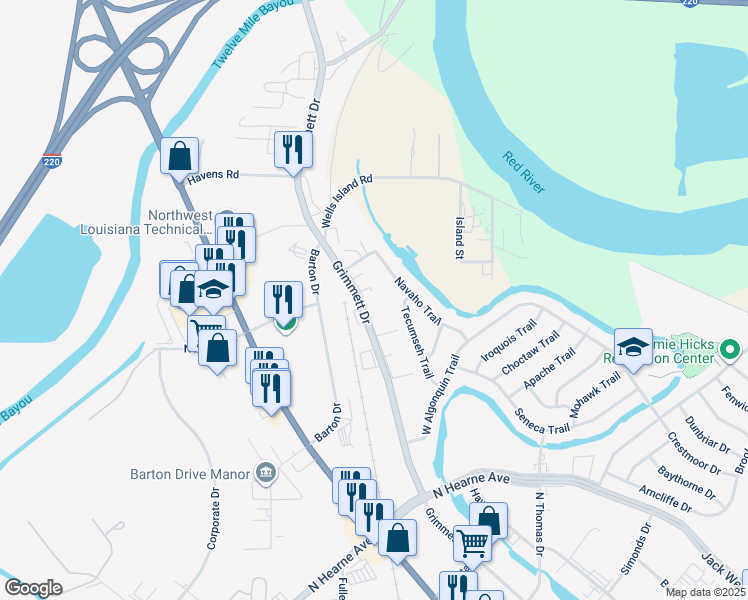 map of restaurants, bars, coffee shops, grocery stores, and more near in Shreveport