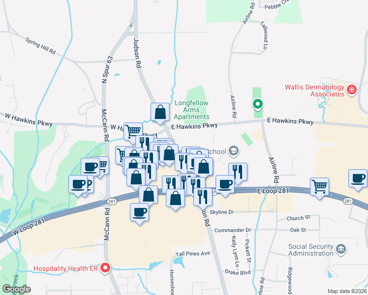map of restaurants, bars, coffee shops, grocery stores, and more near 2810 Judson Road in Longview