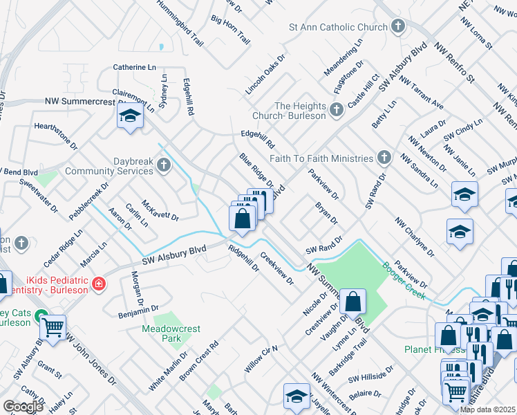 map of restaurants, bars, coffee shops, grocery stores, and more near 801 Pine Mountain Drive in Burleson