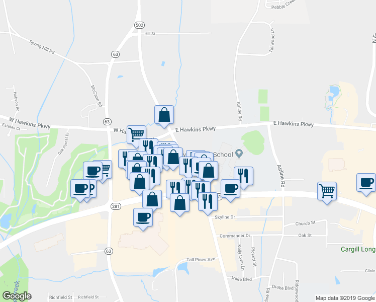 map of restaurants, bars, coffee shops, grocery stores, and more near 2810 Judson Road in Longview