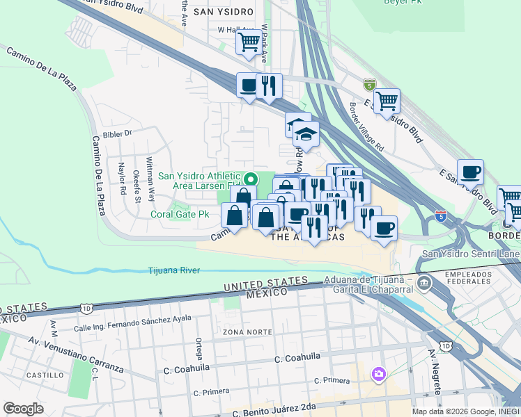 map of restaurants, bars, coffee shops, grocery stores, and more near Camino De La Plaza in San Diego