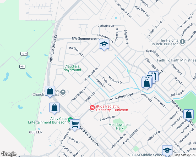 map of restaurants, bars, coffee shops, grocery stores, and more near 1020 Aaron Drive in Burleson