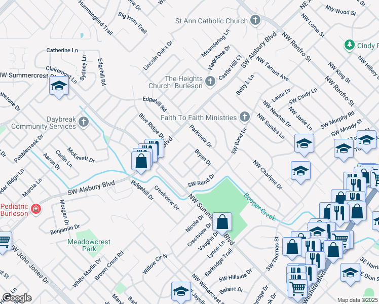 map of restaurants, bars, coffee shops, grocery stores, and more near 554 Sandgate Drive in Burleson