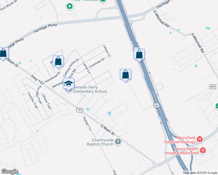map of restaurants, bars, coffee shops, grocery stores, and more near 807 Foxtail Drive in Mansfield