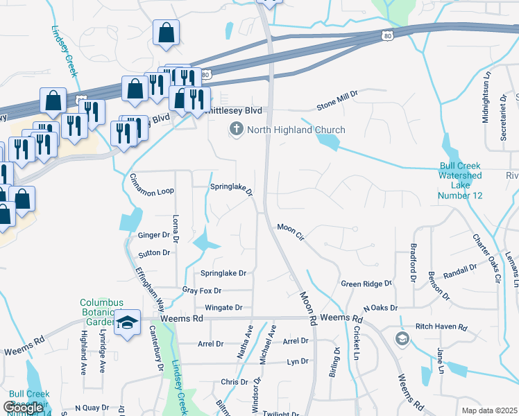 map of restaurants, bars, coffee shops, grocery stores, and more near 6814 Springlake Drive in Columbus