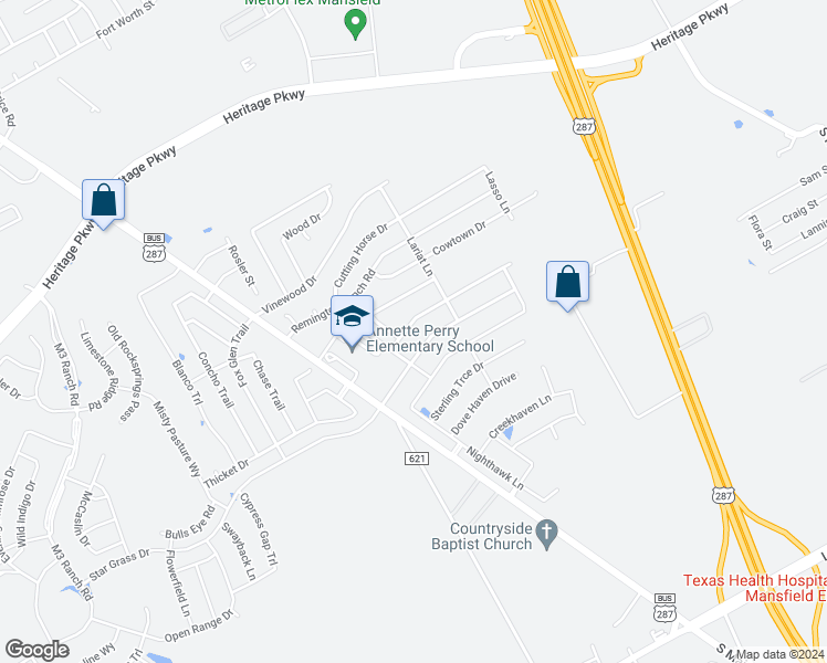 map of restaurants, bars, coffee shops, grocery stores, and more near 1103 Rockcress Drive in Mansfield
