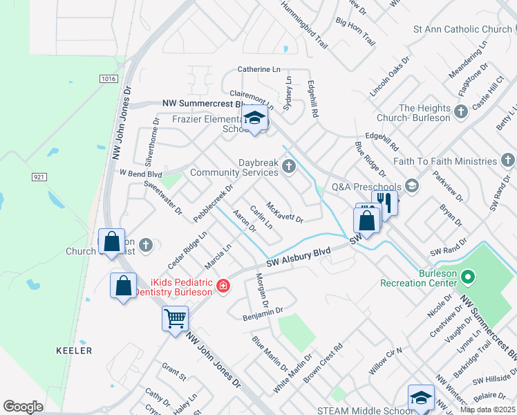 map of restaurants, bars, coffee shops, grocery stores, and more near 1004 Carlin Lane in Burleson