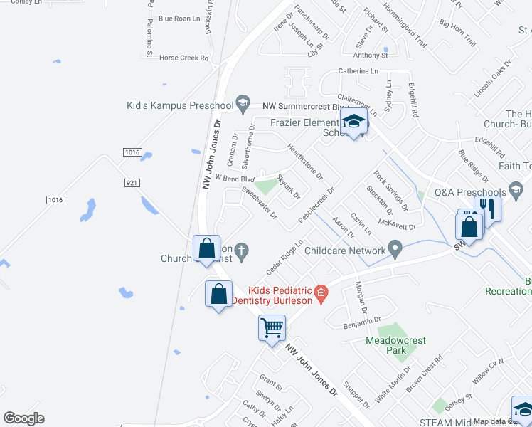 map of restaurants, bars, coffee shops, grocery stores, and more near 1135 Sweetwater Drive in Burleson