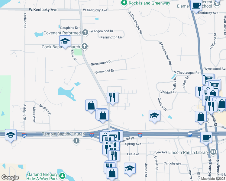 map of restaurants, bars, coffee shops, grocery stores, and more near 1040 Sybil Drive in Ruston