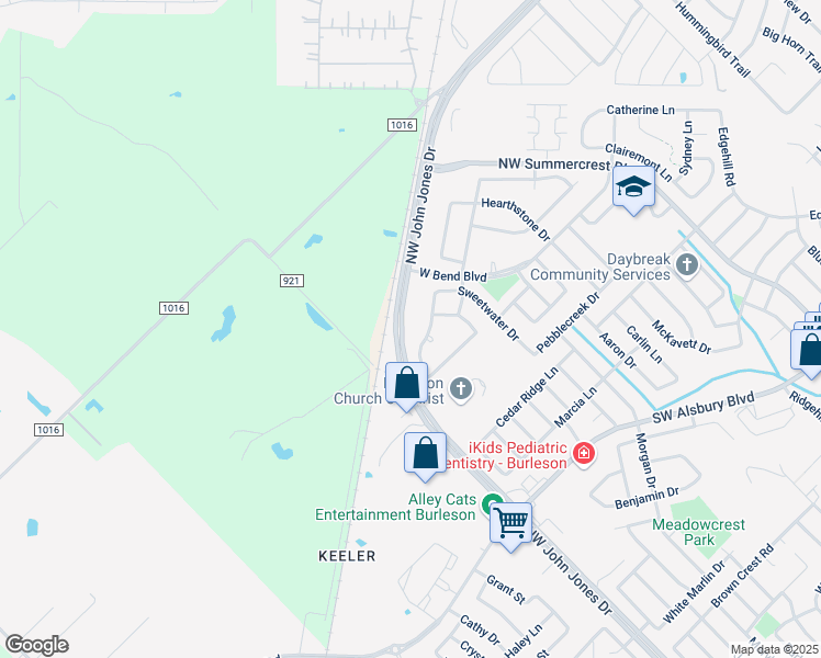 map of restaurants, bars, coffee shops, grocery stores, and more near 1241 Spanish Moss Drive in Burleson
