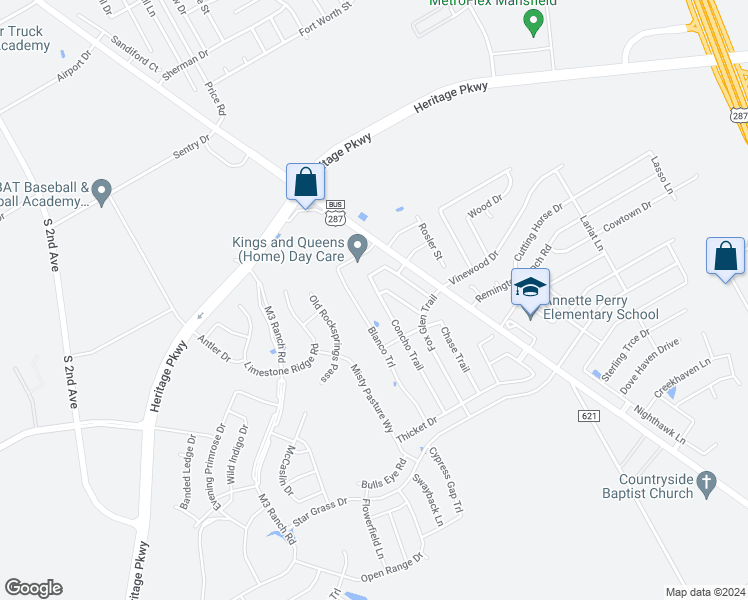 map of restaurants, bars, coffee shops, grocery stores, and more near 1210 Concho Trail in Mansfield