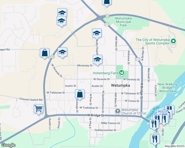 map of restaurants, bars, coffee shops, grocery stores, and more near 602 North Pine Street in Wetumpka