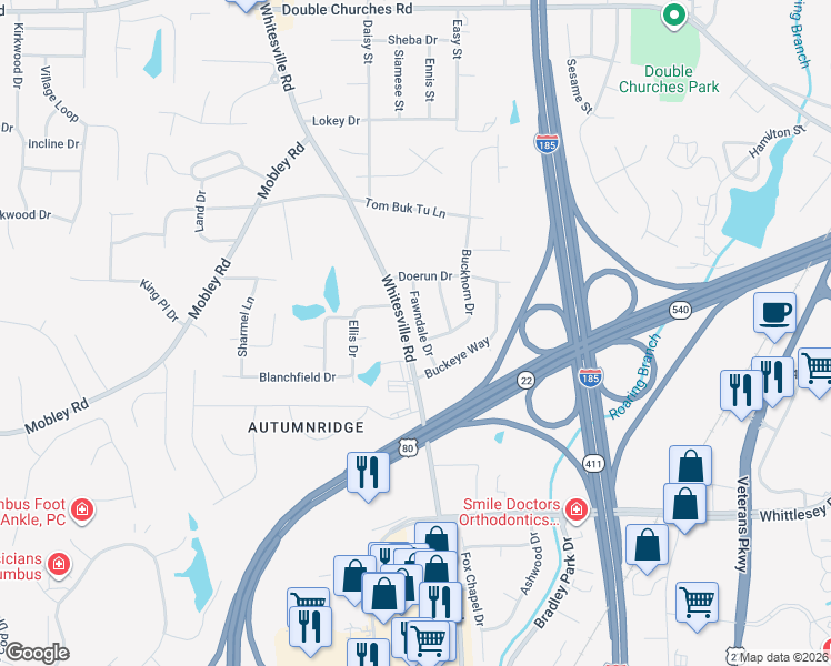 map of restaurants, bars, coffee shops, grocery stores, and more near 6835 Fawndale Drive in Columbus