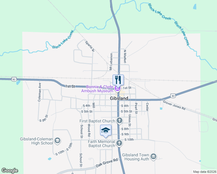 map of restaurants, bars, coffee shops, grocery stores, and more near 1129 1st Street in Gibsland