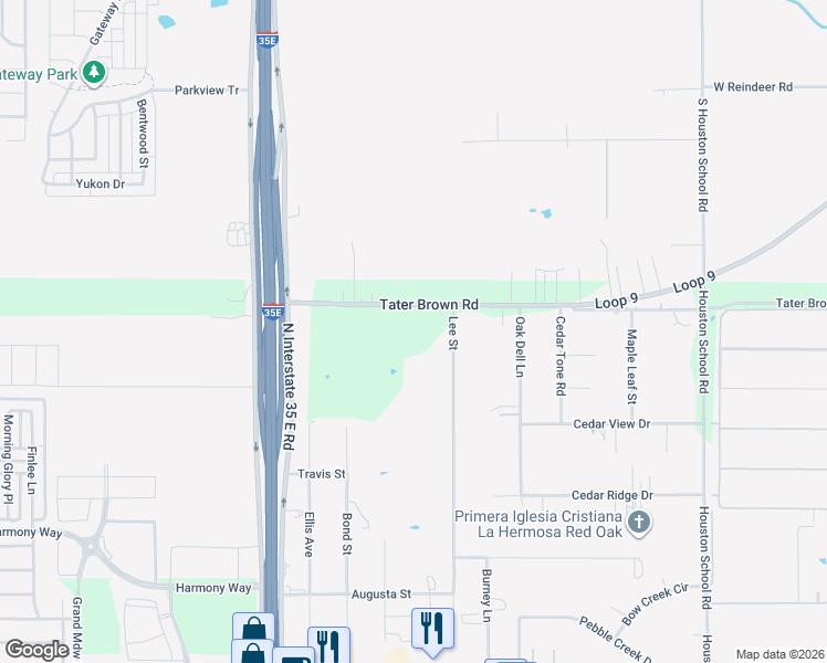 map of restaurants, bars, coffee shops, grocery stores, and more near 520 Lee Street in Red Oak