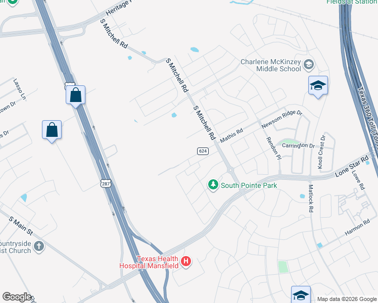 map of restaurants, bars, coffee shops, grocery stores, and more near 2531 Mathis Road in Mansfield