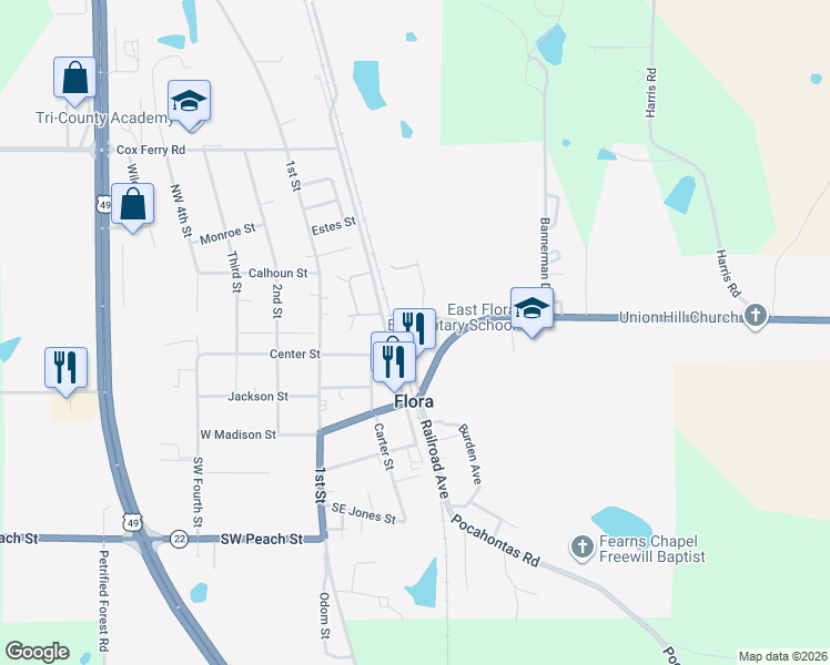map of restaurants, bars, coffee shops, grocery stores, and more near 459 Railroad Avenue in Flora