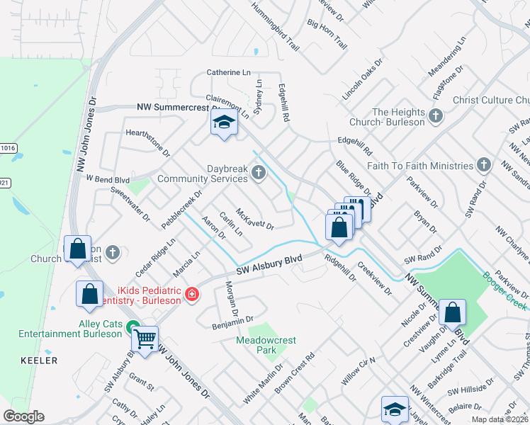 map of restaurants, bars, coffee shops, grocery stores, and more near 1005 Stockton Drive in Burleson