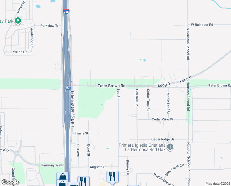 map of restaurants, bars, coffee shops, grocery stores, and more near 520 Lee Street in Red Oak