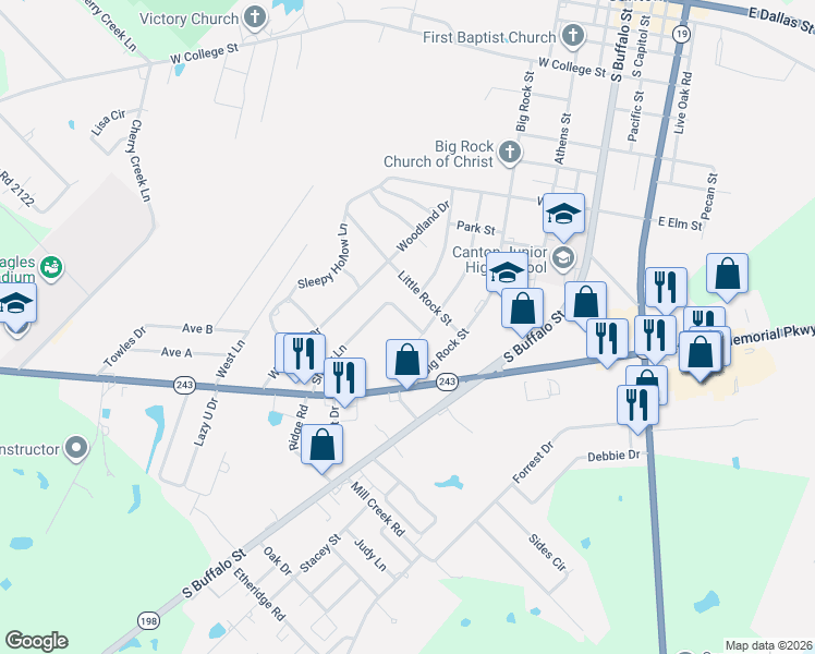 map of restaurants, bars, coffee shops, grocery stores, and more near 1342 Shady Lane in Canton