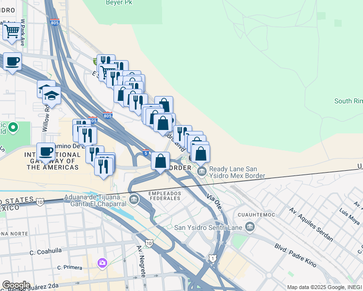 map of restaurants, bars, coffee shops, grocery stores, and more near 720 East San Ysidro Boulevard in San Diego