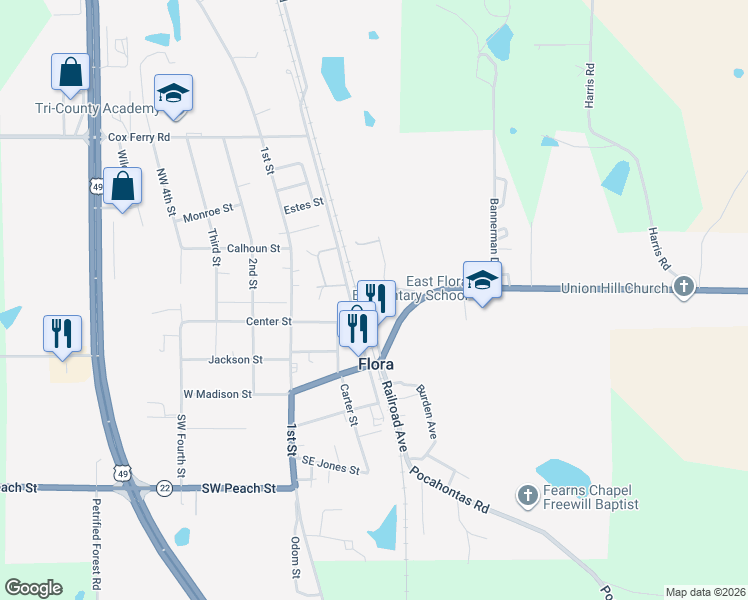 map of restaurants, bars, coffee shops, grocery stores, and more near 459 Railroad Avenue in Flora