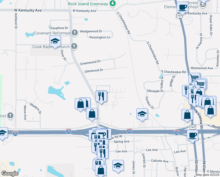 map of restaurants, bars, coffee shops, grocery stores, and more near 1040 Sybil Drive in Ruston
