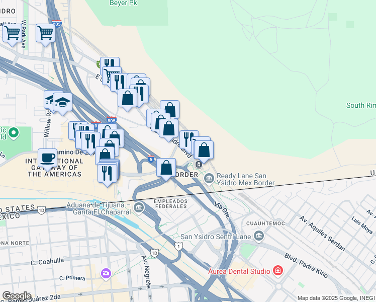 map of restaurants, bars, coffee shops, grocery stores, and more near 729 East San Ysidro Boulevard in San Diego